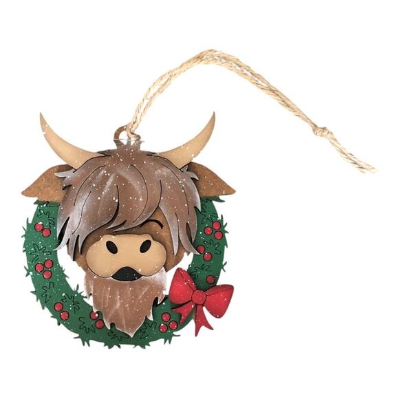 Handmade Whimsical Highlander Cow Wreath Santa Hat Hand Painted Wood Ornament - Picture 3 of 9